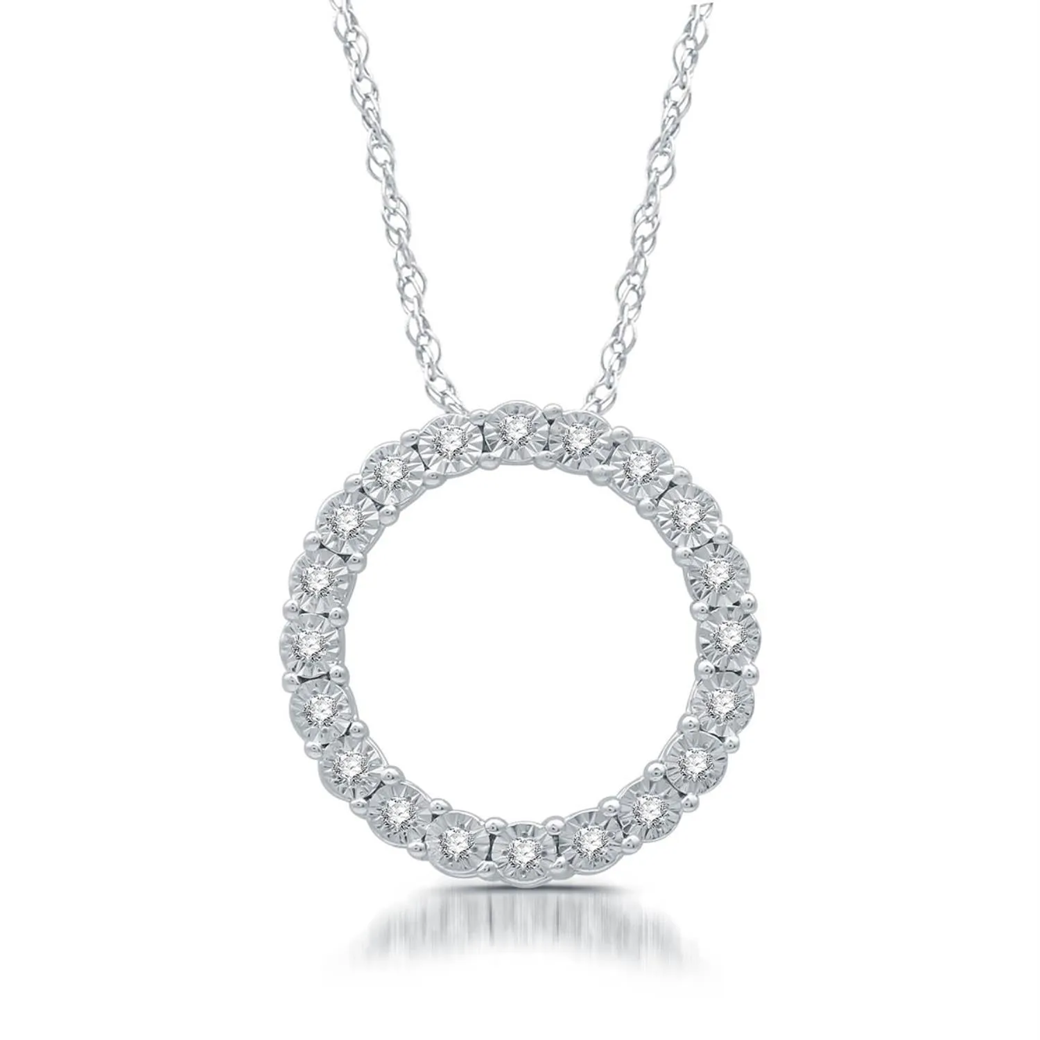 1/10 CTW Diamond Fashion Illusion Set Circle 18-inch Pendant in Rhodium Plated Sterling Silver