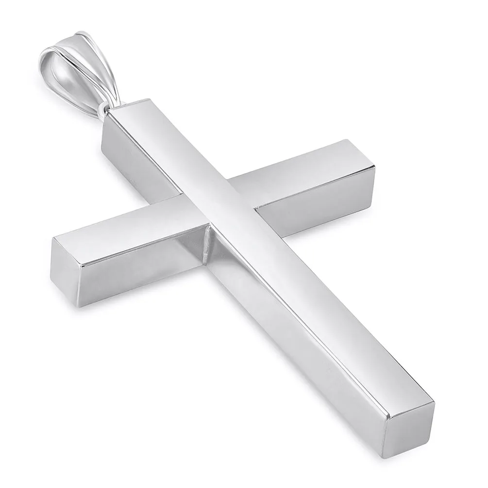 14k White Gold Large 4mm Thick Religious Plain Hollow Square Tube Cross Pendant Necklace