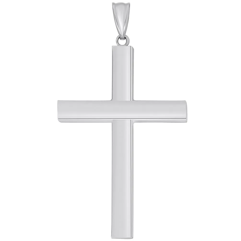 14k White Gold Large 4mm Thick Religious Plain Hollow Square Tube Cross Pendant Necklace