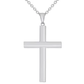 14k White Gold Large 4mm Thick Religious Plain Hollow Square Tube Cross Pendant Necklace