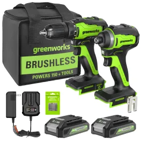 24V Brushless 1/2” Drill / Driver, 1/4” Hex Impact Driver, 8 pcs Bit Set & Bag Kit w/ (2) 1.5Ah Batteries & Charger