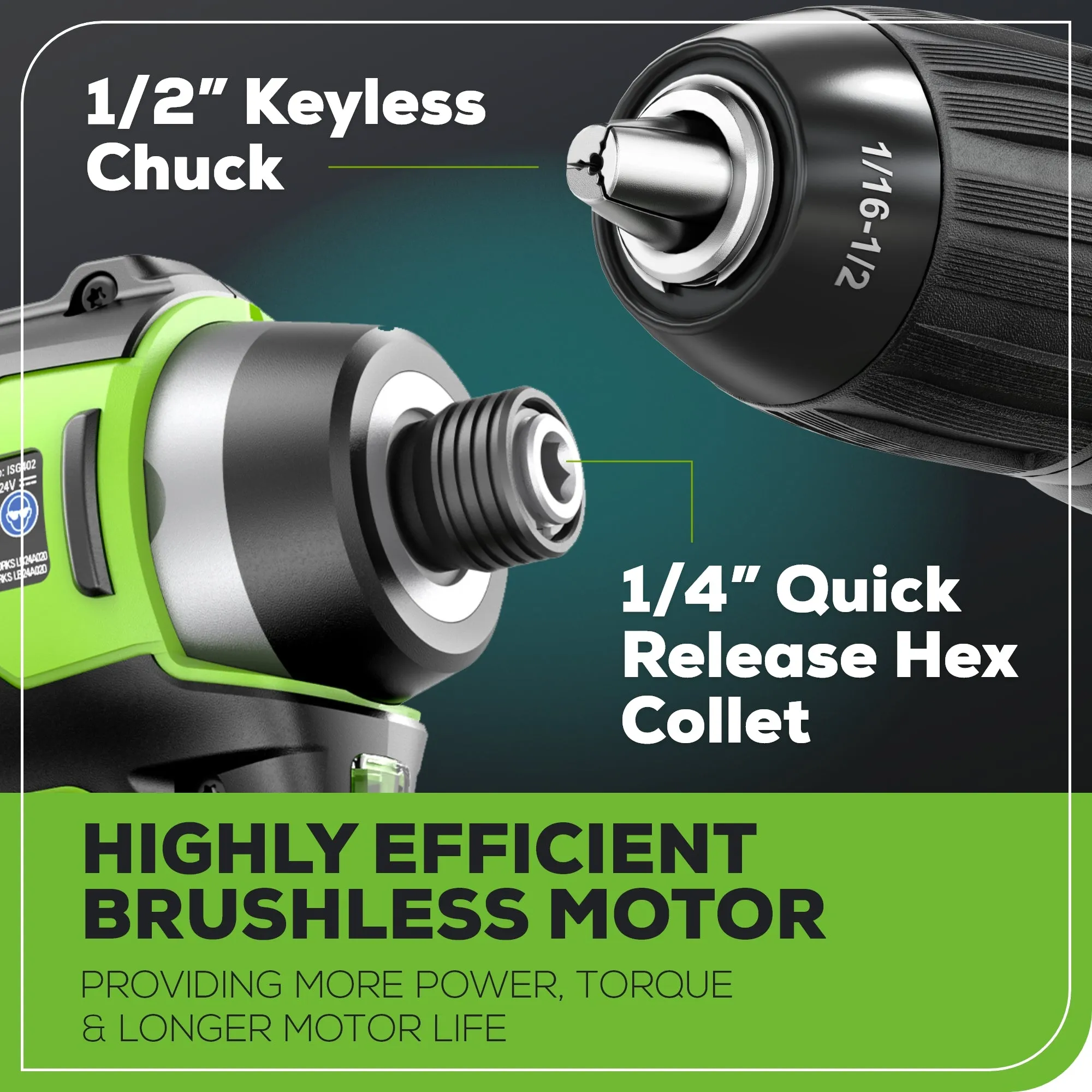 24V Brushless 1/2” Drill / Driver, 1/4” Hex Impact Driver, 8 pcs Bit Set & Bag Kit w/ (2) 1.5Ah Batteries & Charger