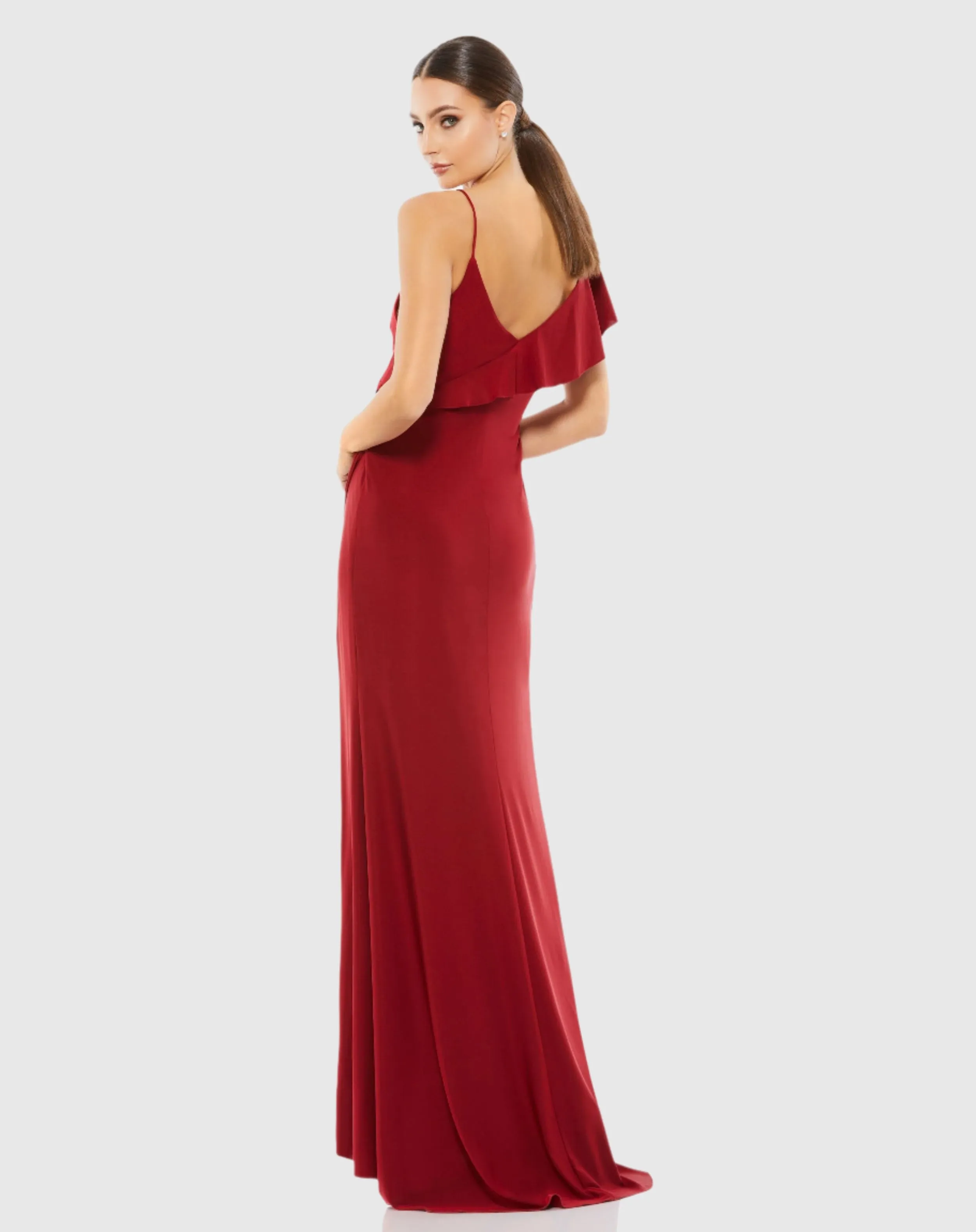 Asymmetric V-Neck Jersey Ruffled Cap Sleeve Gown