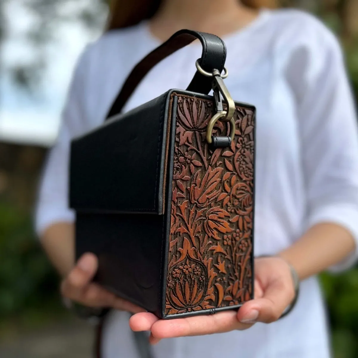 Black & Brown Leather & Wood Carved Sling Bag