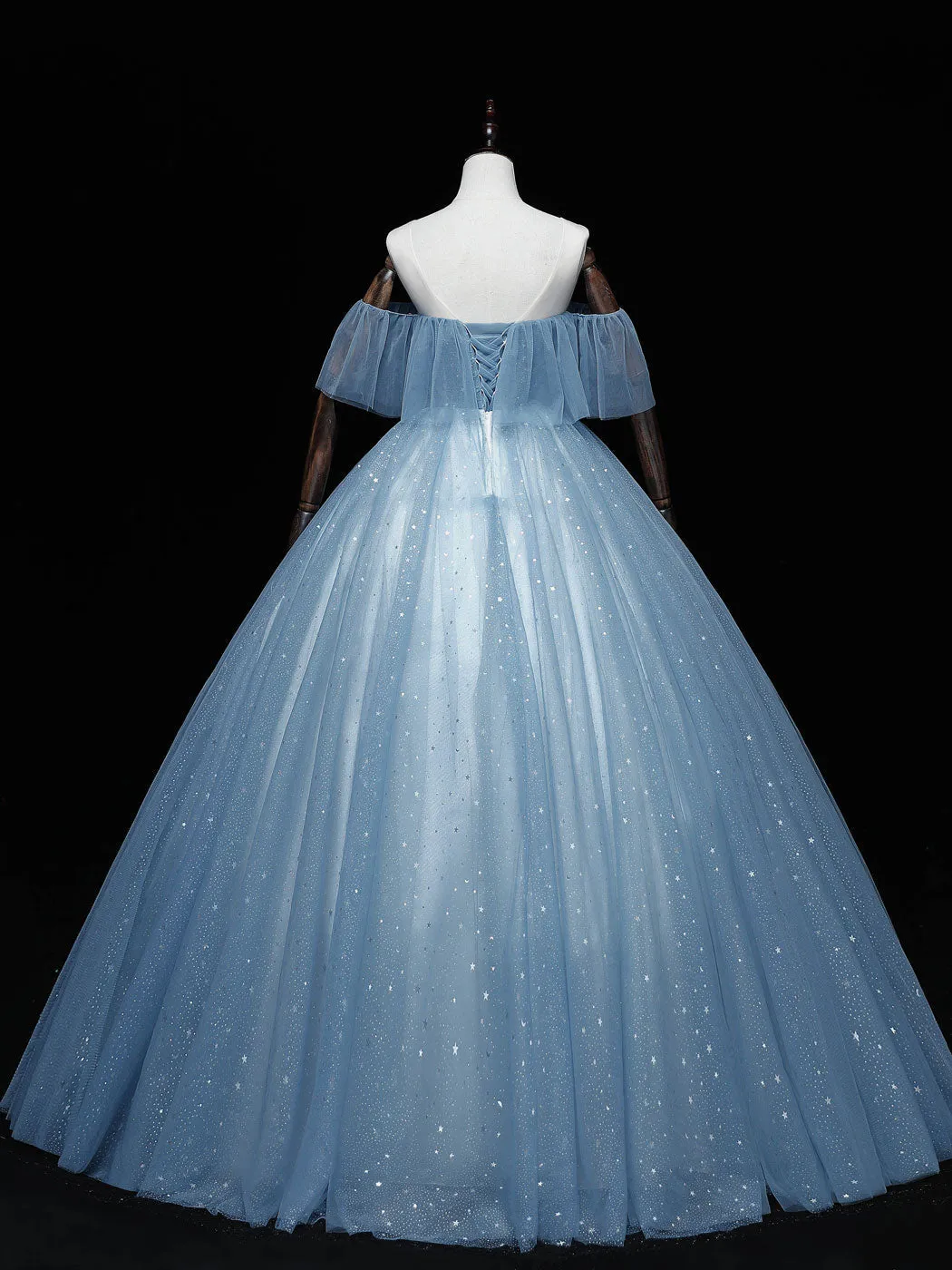 Blue sweetheart neck tulle lace long prom dress, blue evening dress