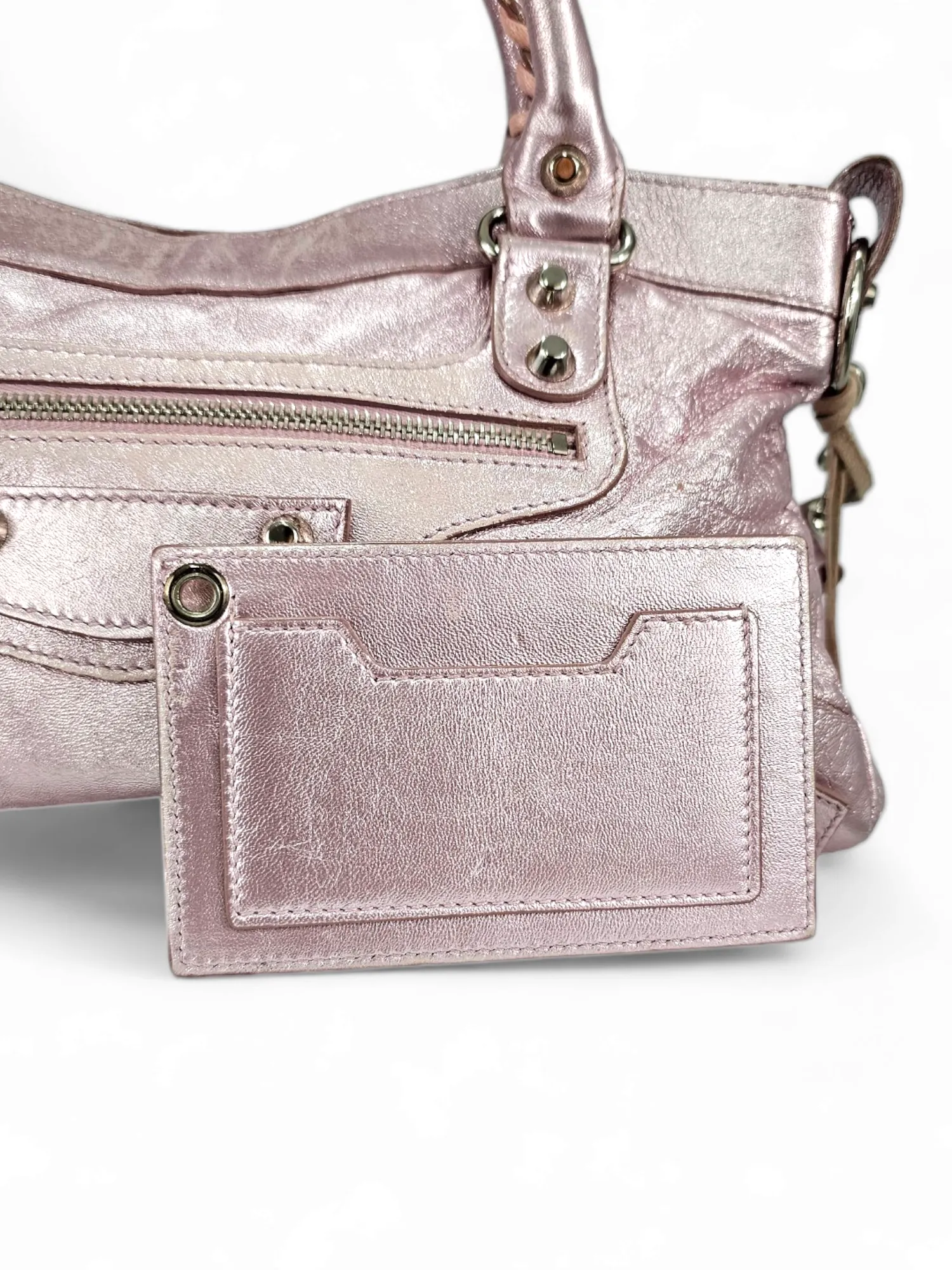 Bolsa Balenciaga Metalizada Rosa Ferragem Prata