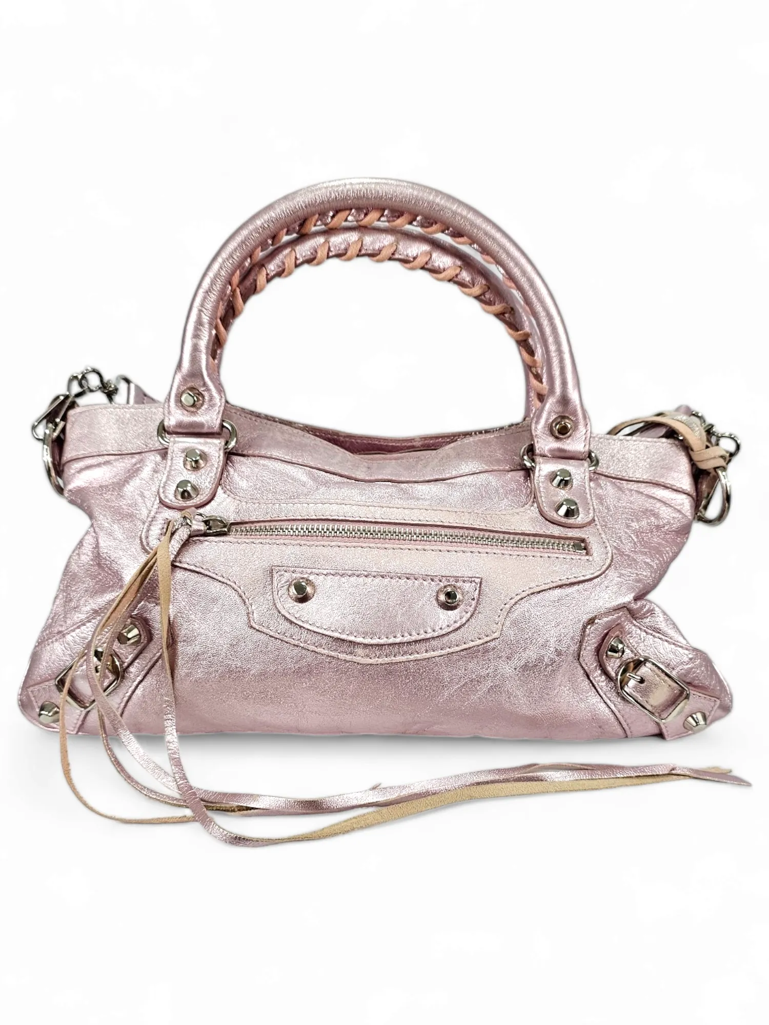 Bolsa Balenciaga Metalizada Rosa Ferragem Prata