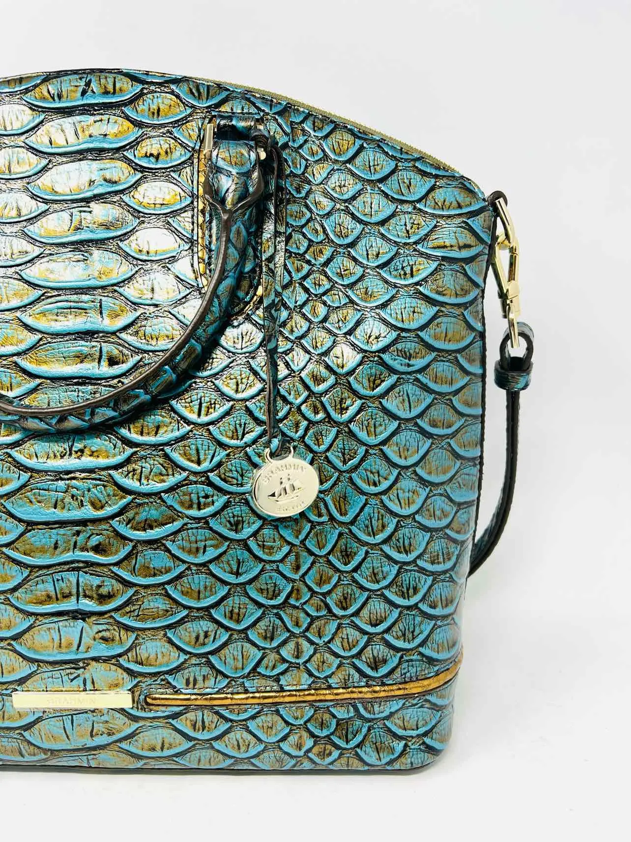 Brahmin Turq/Bronze Reptile Leather W/ DUST BAG Designer Satchel