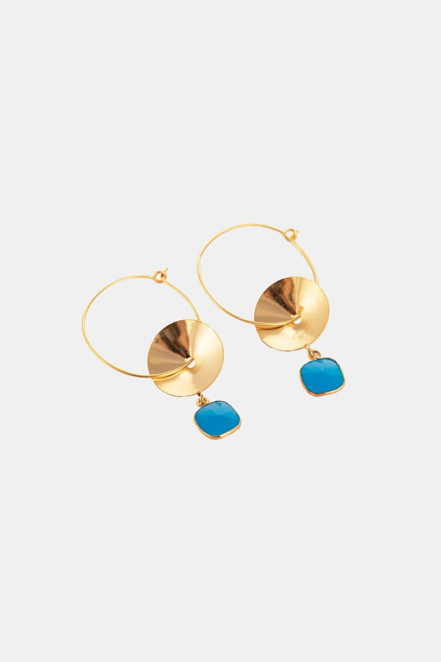 Delicate Round Disc Ocean Blue Stone Hoops