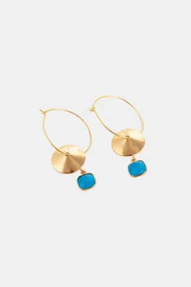 Delicate Round Disc Ocean Blue Stone Hoops