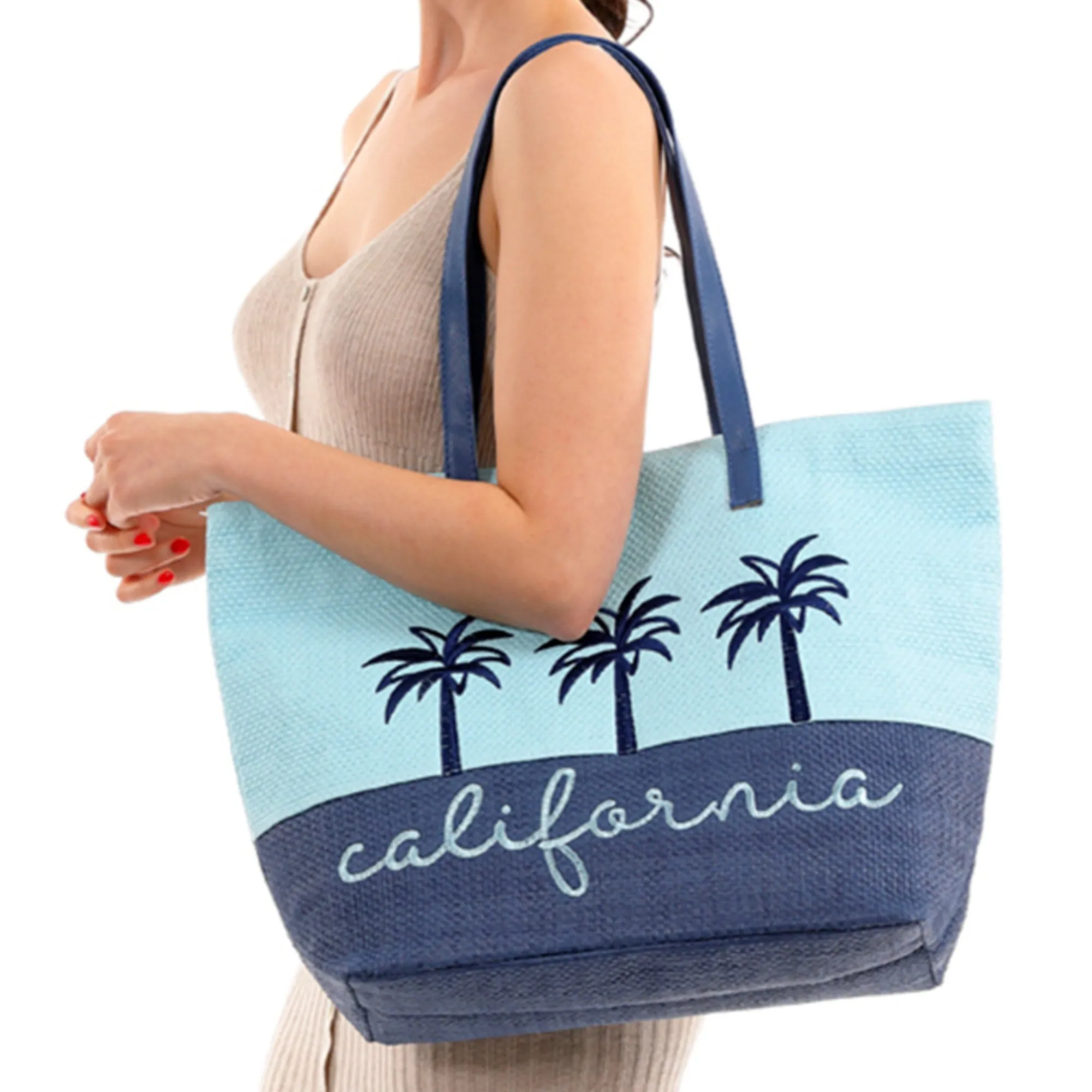 Fadivo NY Women's California Palm Print Woven Shoulder Beach Tote Bag