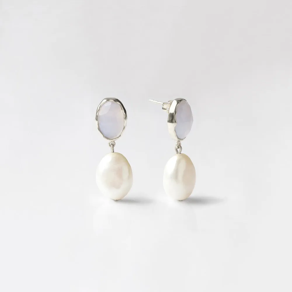 Iris Blue Lace Agate & Pearl Drop Earrings