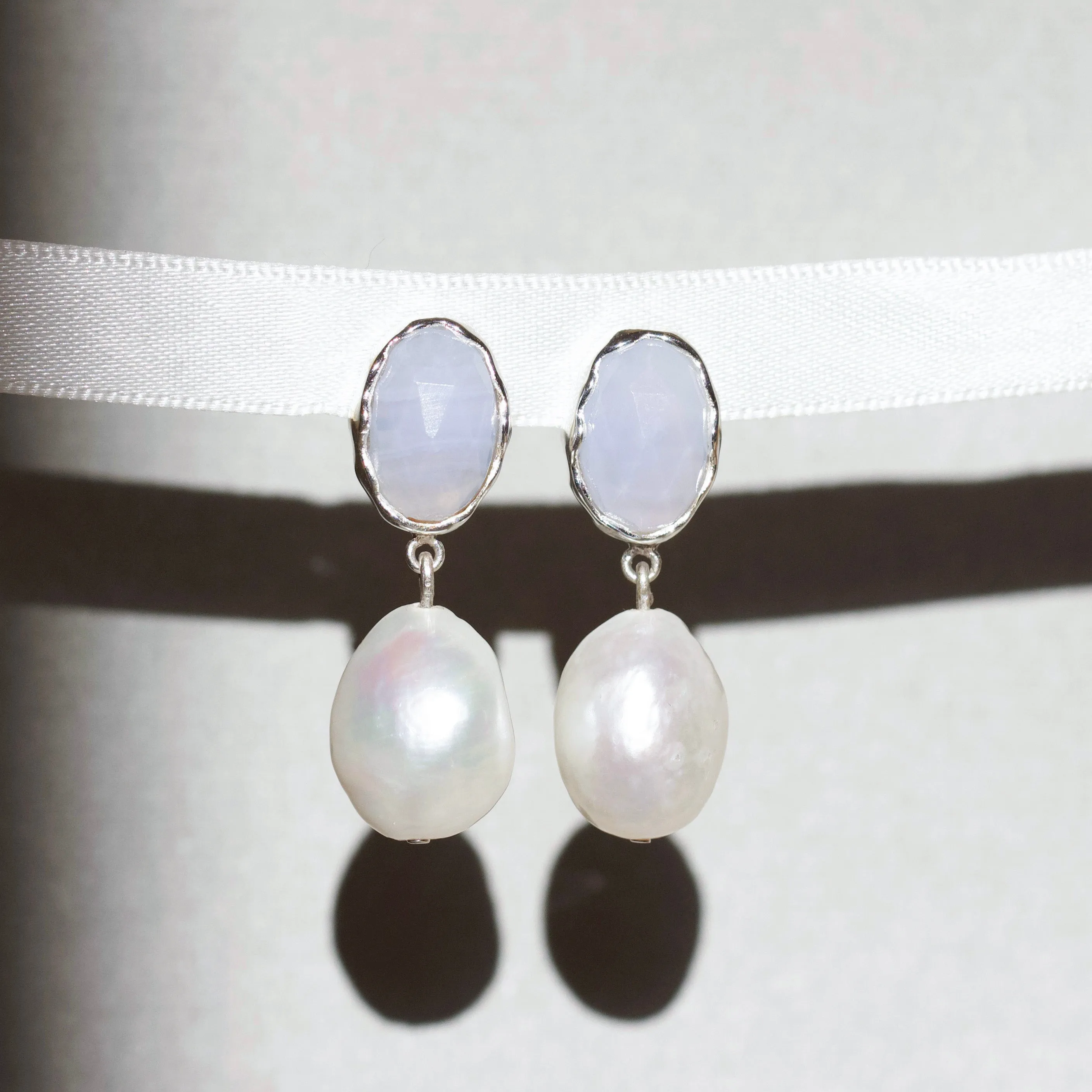 Iris Blue Lace Agate & Pearl Drop Earrings