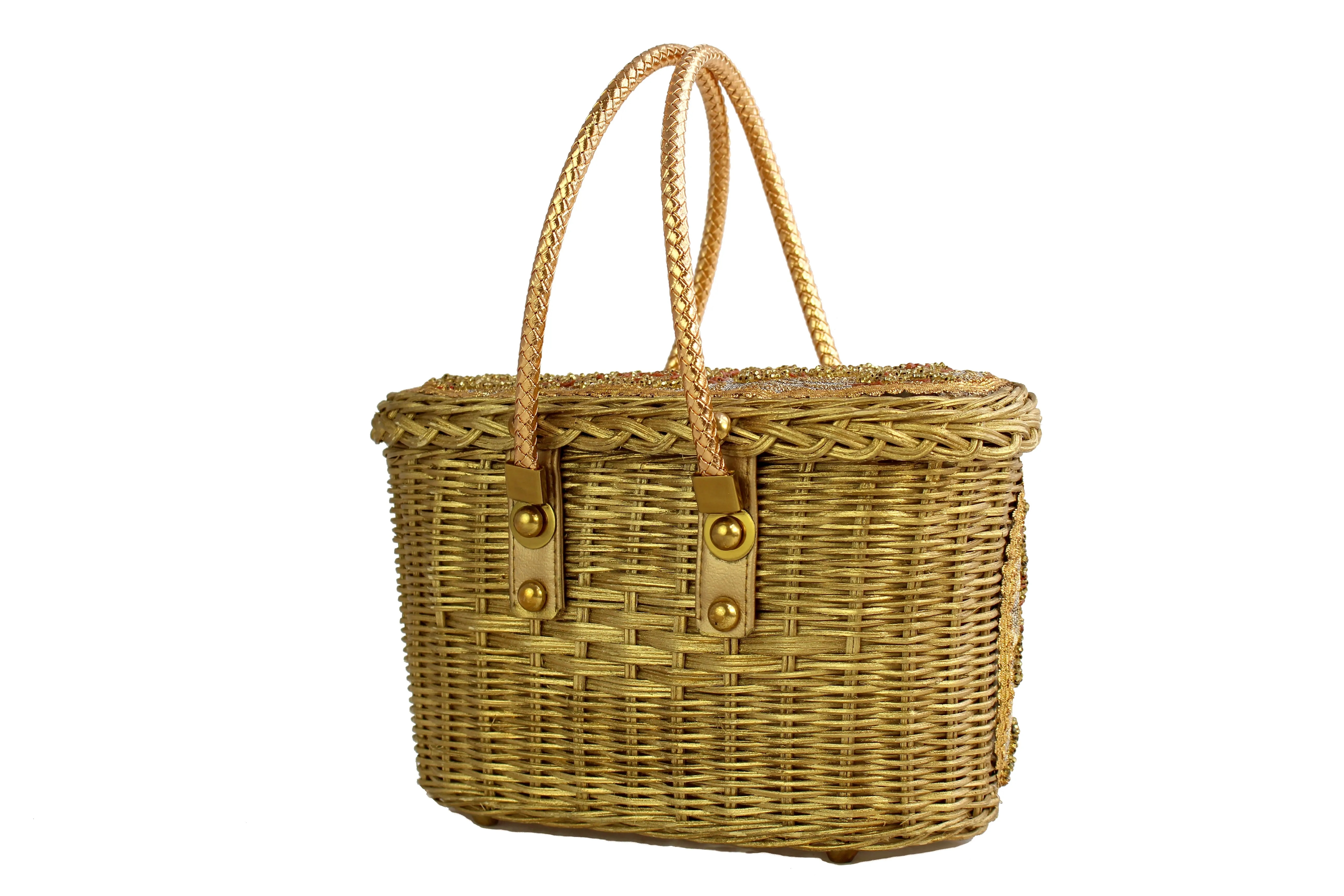 MIDAS OF MIAMI golden wicker handbag with gold beads