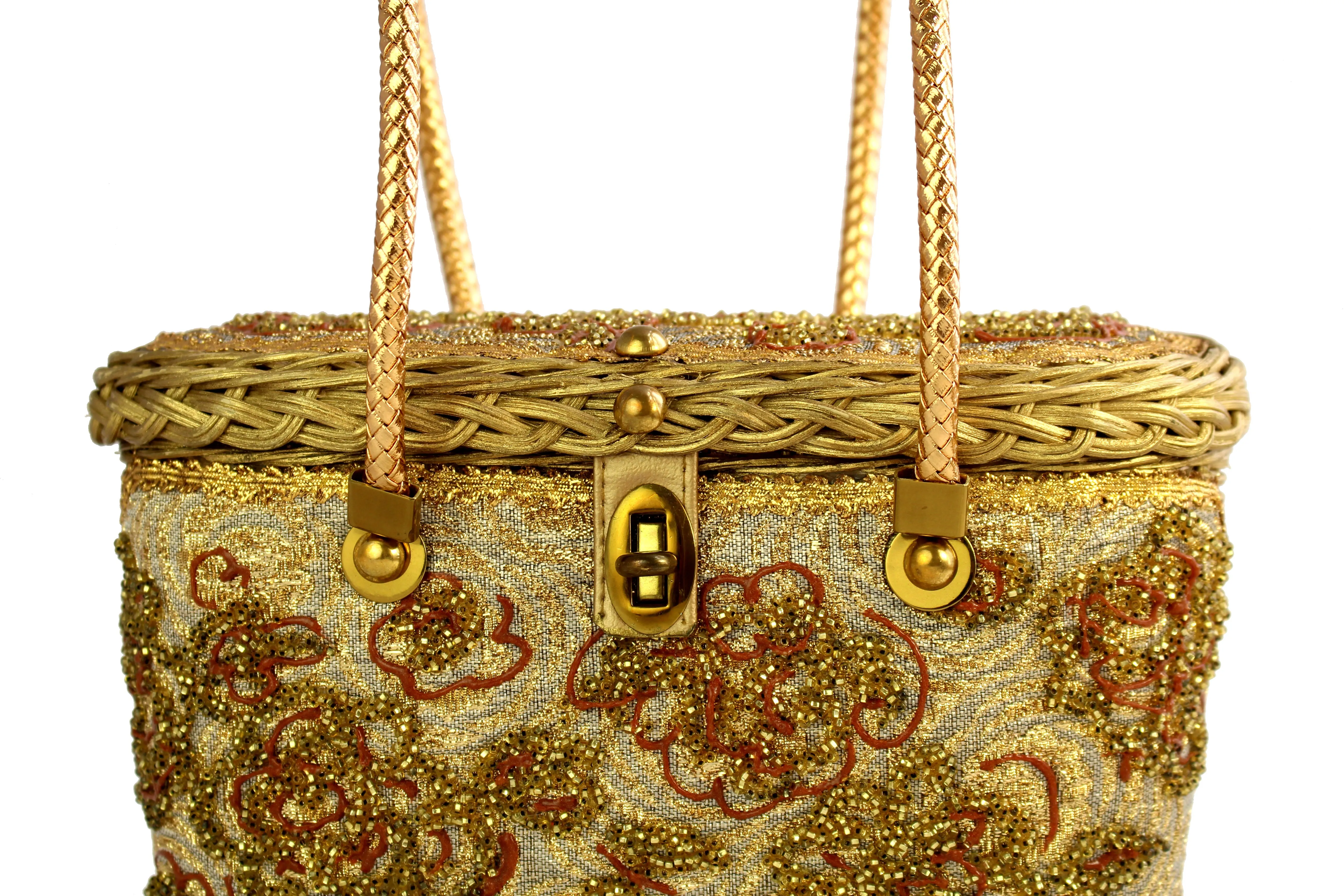 MIDAS OF MIAMI golden wicker handbag with gold beads