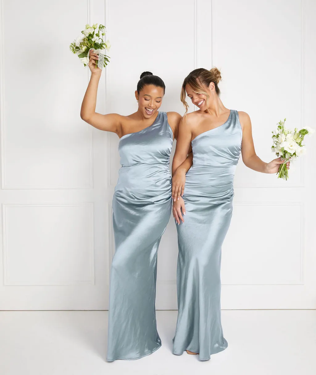 One Shoulder Satin Ruched Bridesmaid Dress - Dusty Blue