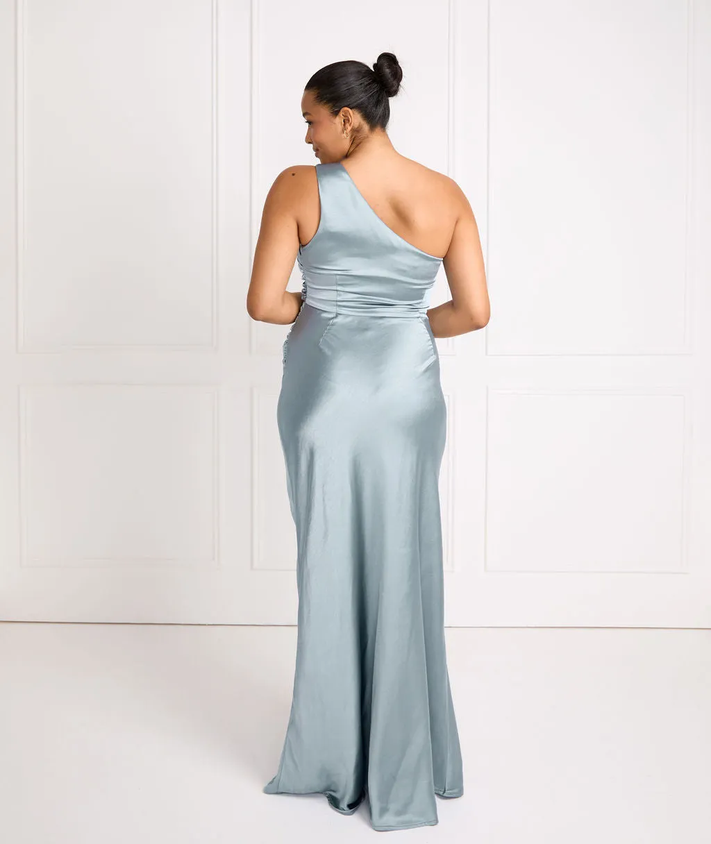 One Shoulder Satin Ruched Bridesmaid Dress - Dusty Blue