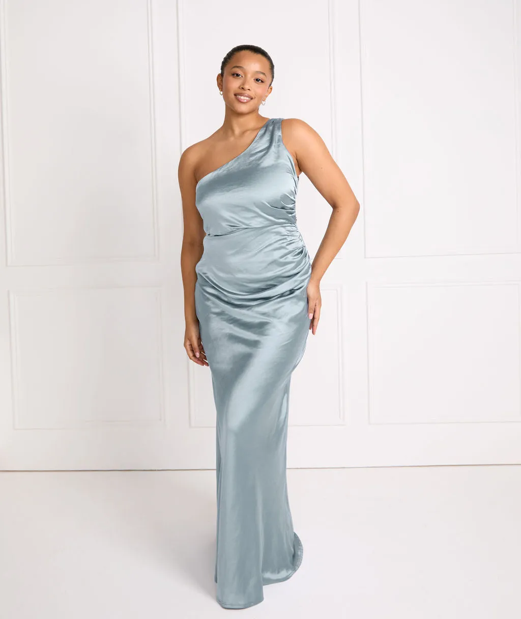 One Shoulder Satin Ruched Bridesmaid Dress - Dusty Blue