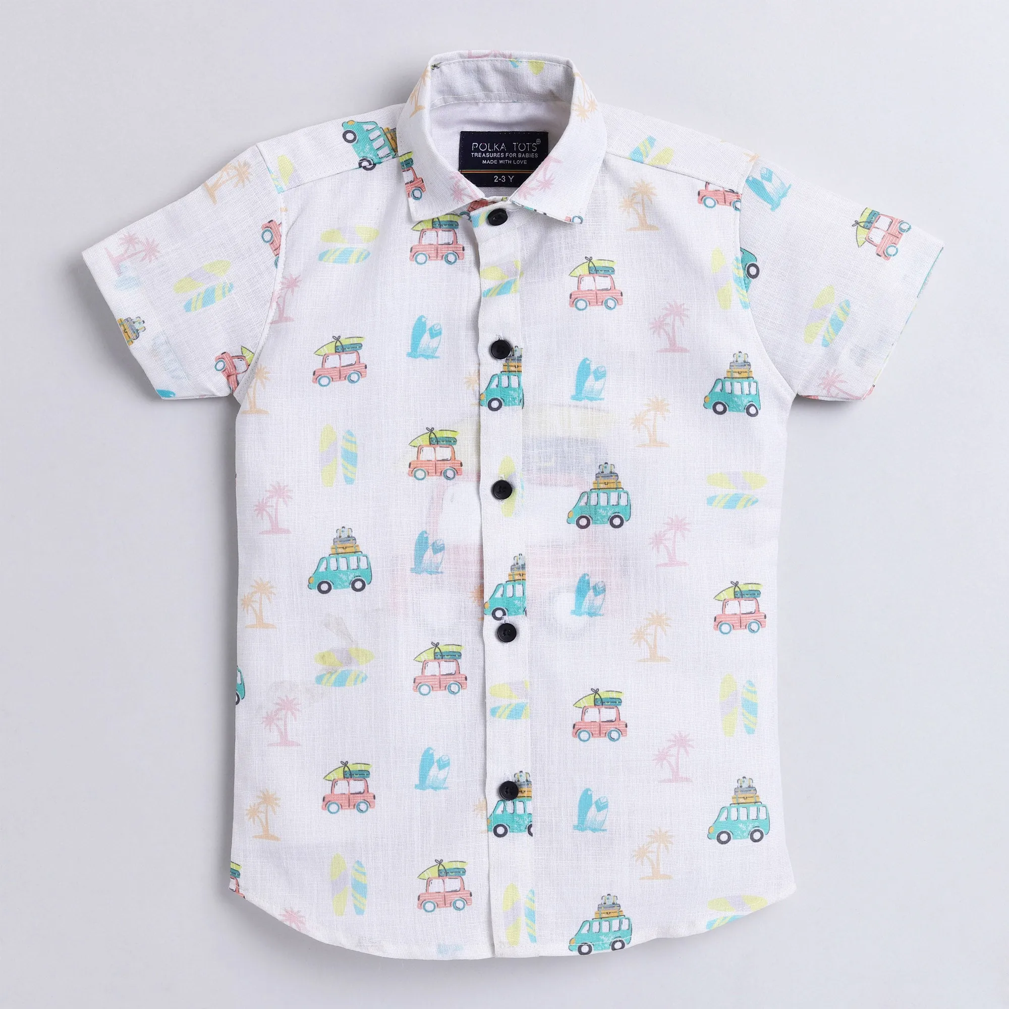 Polka Tots Full Half Sleeve Shirt With Inside Tshirt Beach Car Print - White