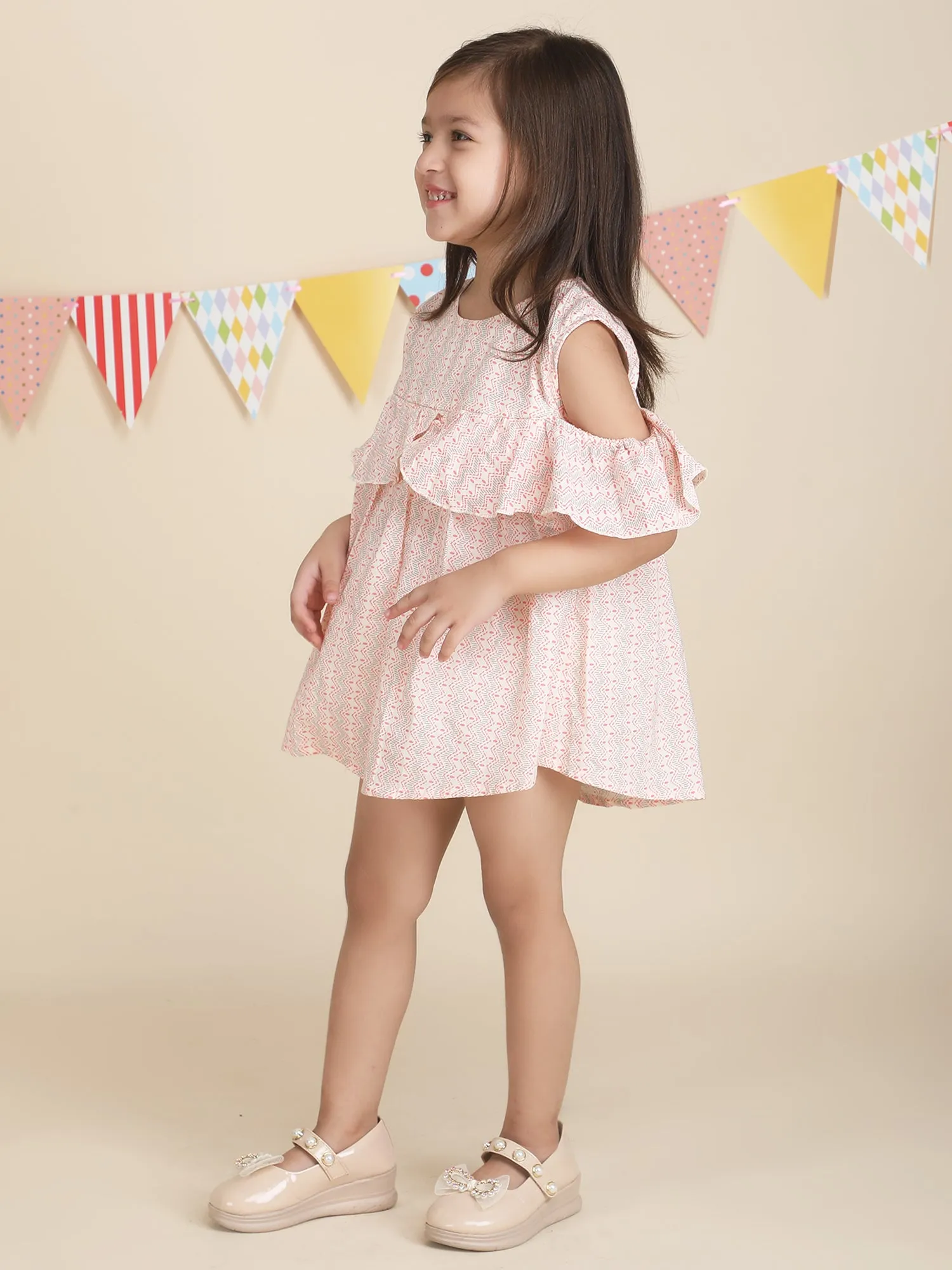 Polka Tots Halfsleeves Zig zag print frock with headband -Pink