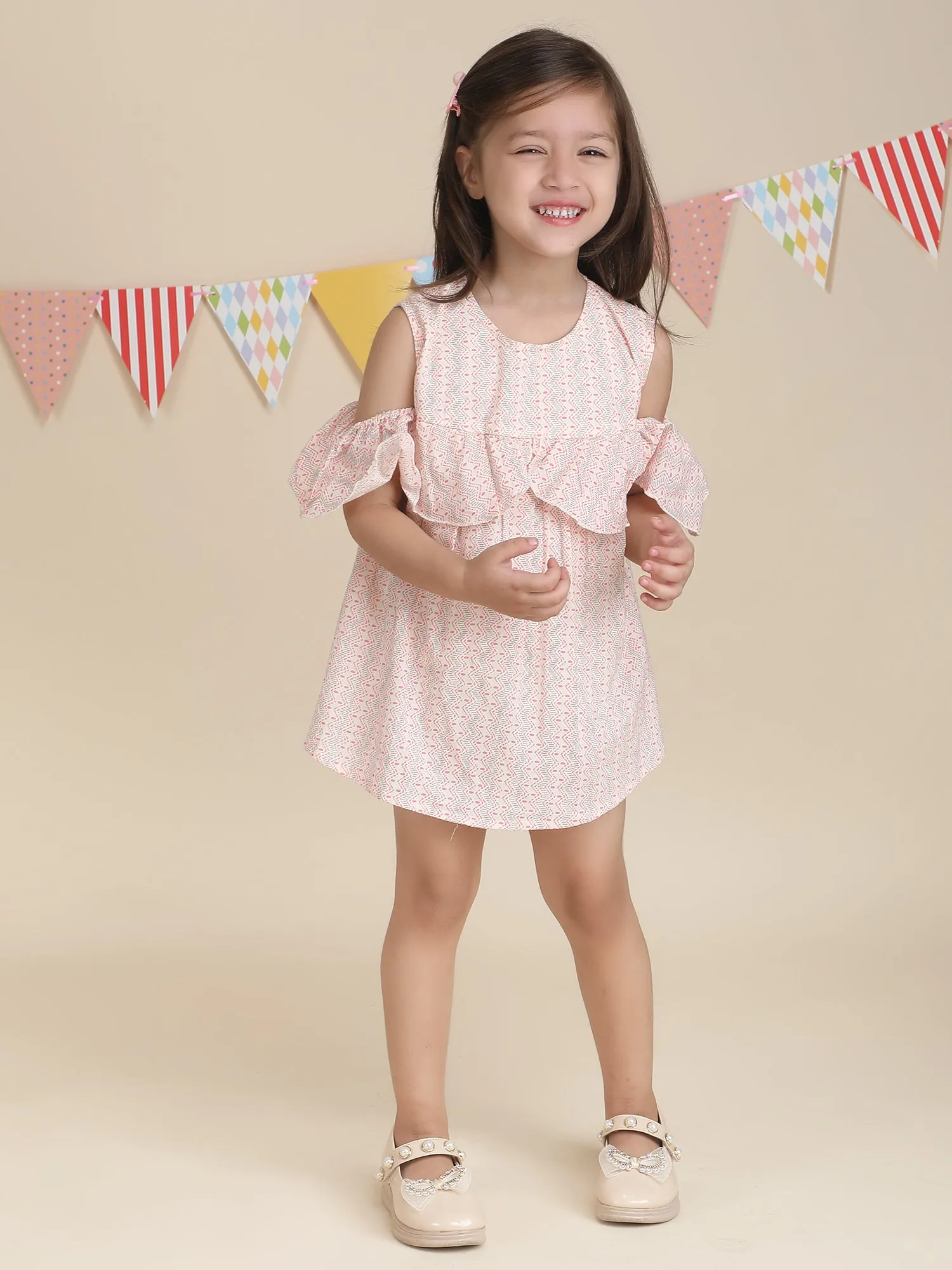 Polka Tots Halfsleeves Zig zag print frock with headband -Pink