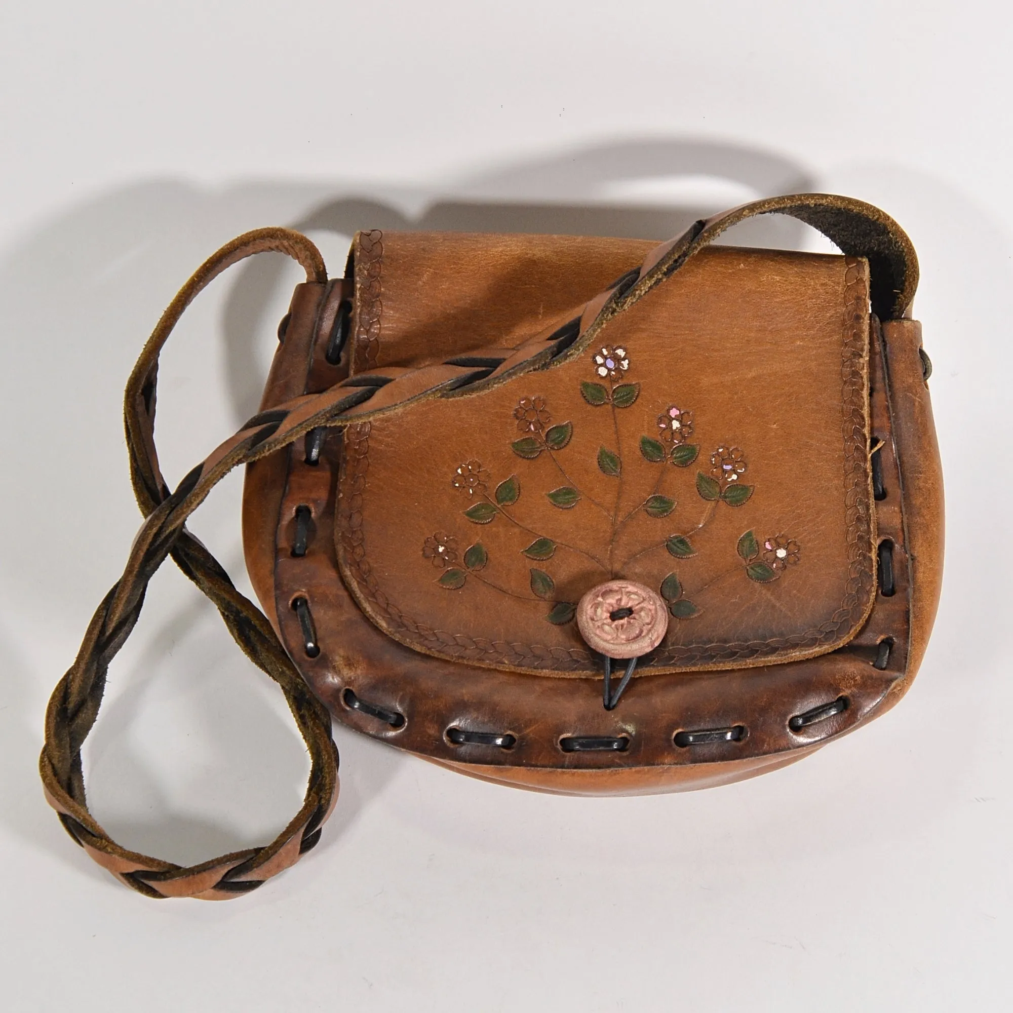 SOLD Vintage 60s Hand Tooled & Painted Leather Handbag OOAK