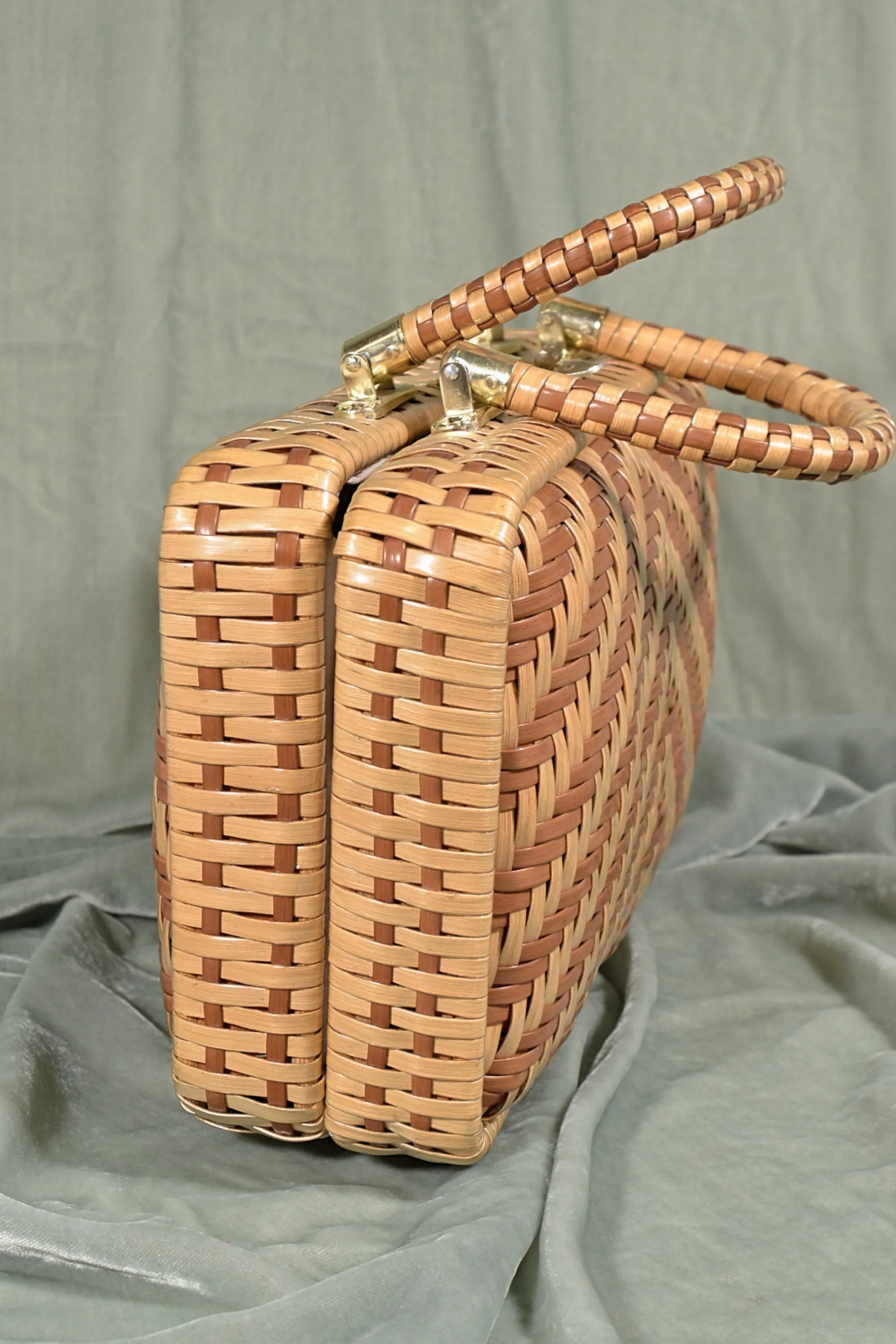 SOLD Vintage 60s Two Tone Wicker Handbag, Top Handle Bag by Dorette