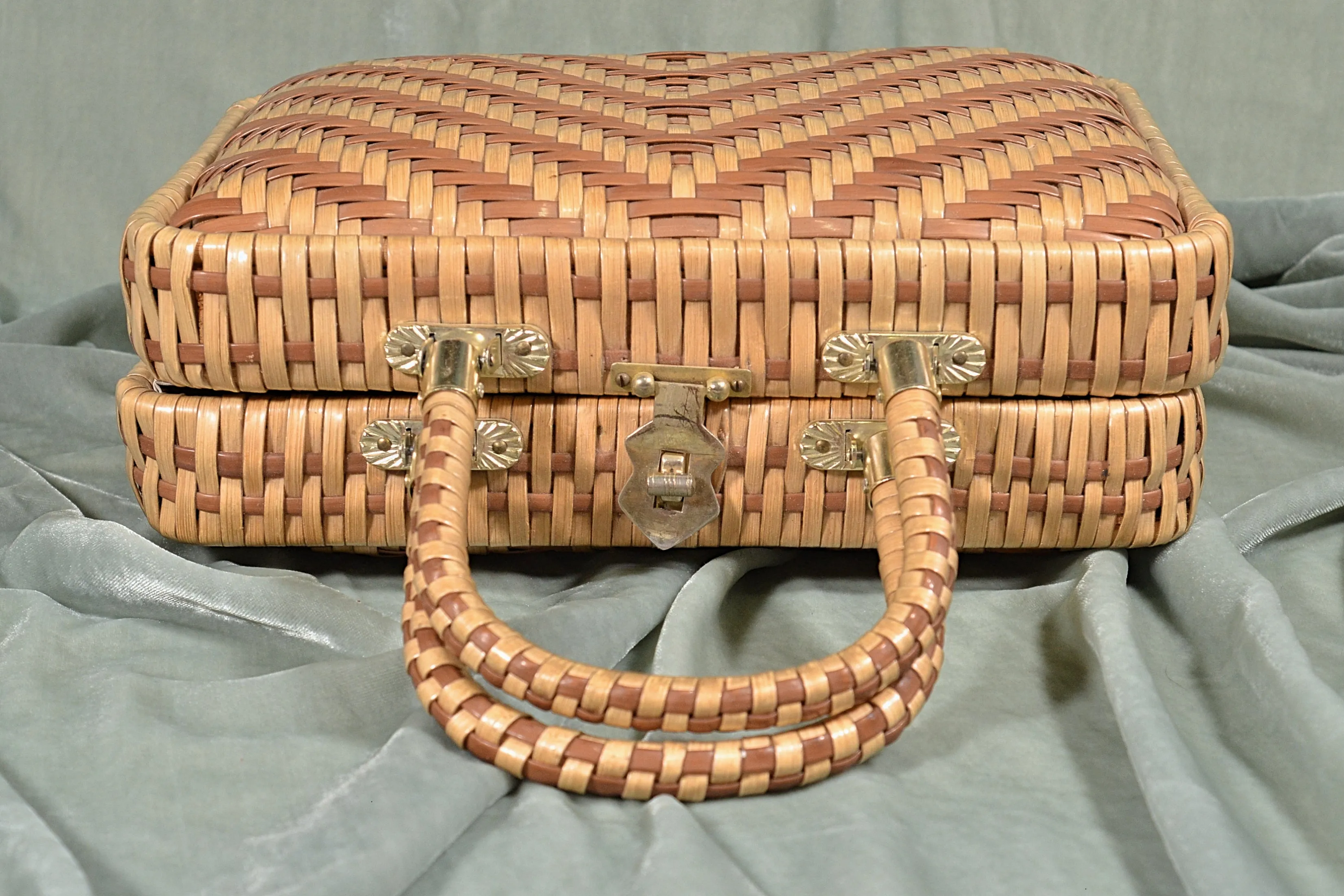 SOLD Vintage 60s Two Tone Wicker Handbag, Top Handle Bag by Dorette