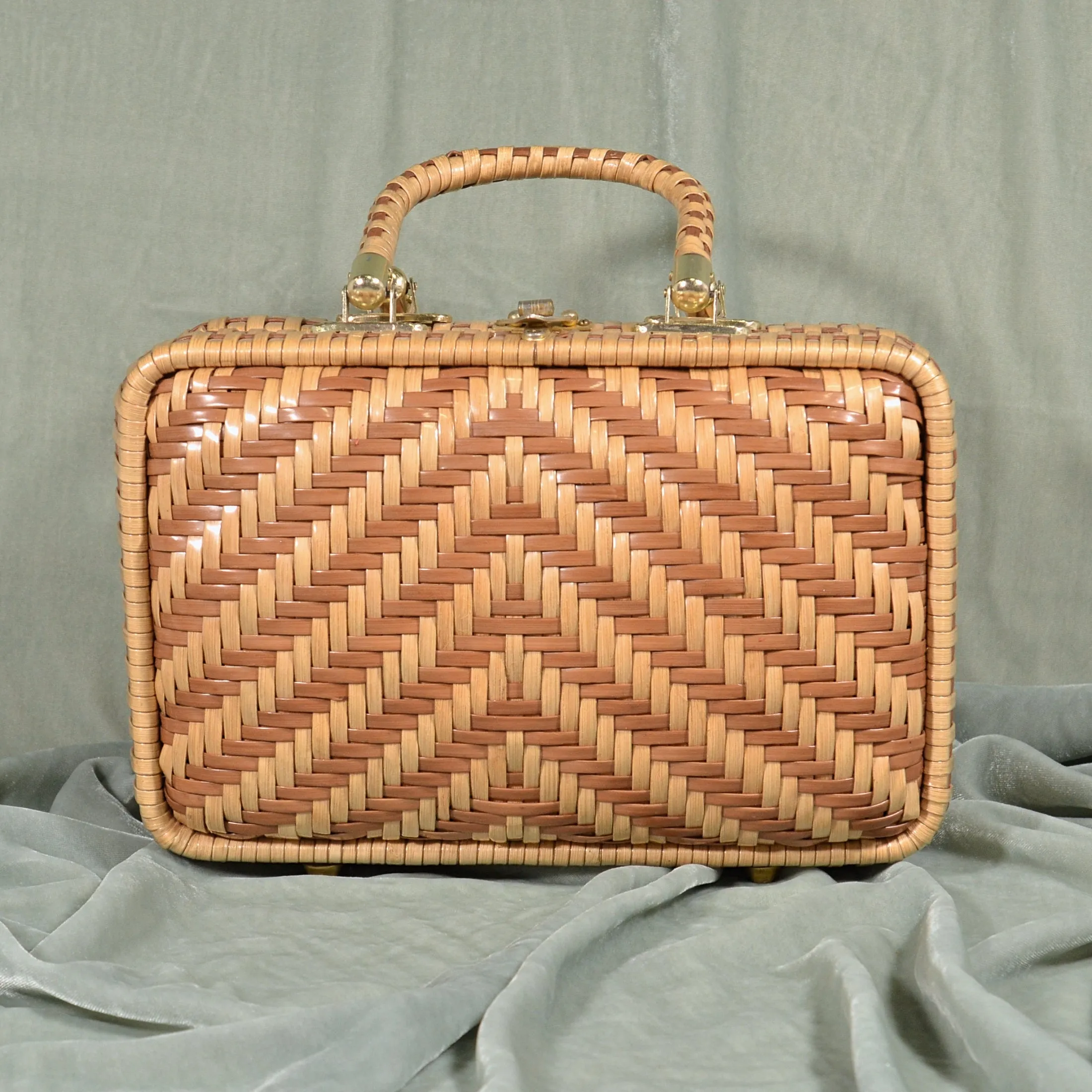 SOLD Vintage 60s Two Tone Wicker Handbag, Top Handle Bag by Dorette